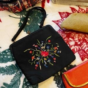 Vintage Floral Embroidered Black Handbag